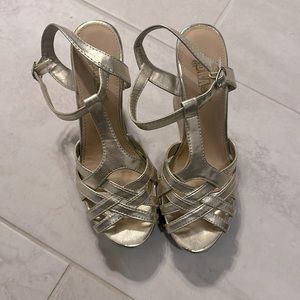 Brash, gold scrappy wedge sandal, lightly worn, size 7